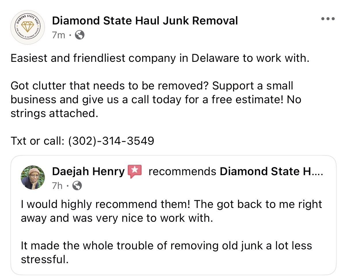 Facebook review from Daejah Henry recommending Diamond State Haul Junk Removal