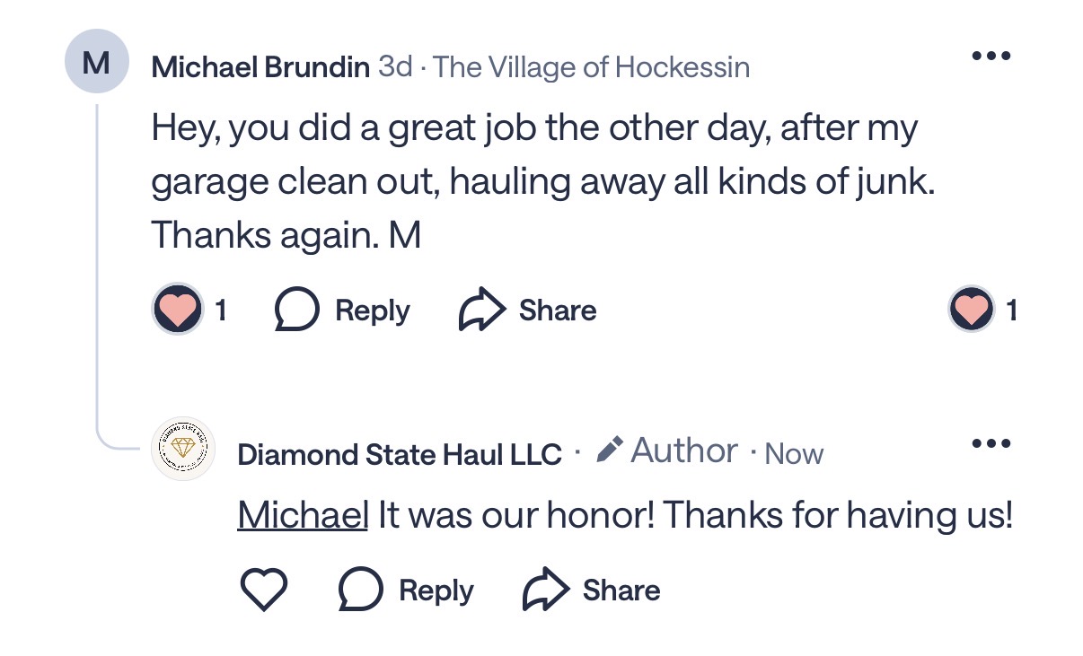 Nextdoor review from Michael Brundin thanking Diamond State Haul for a garage cleanout